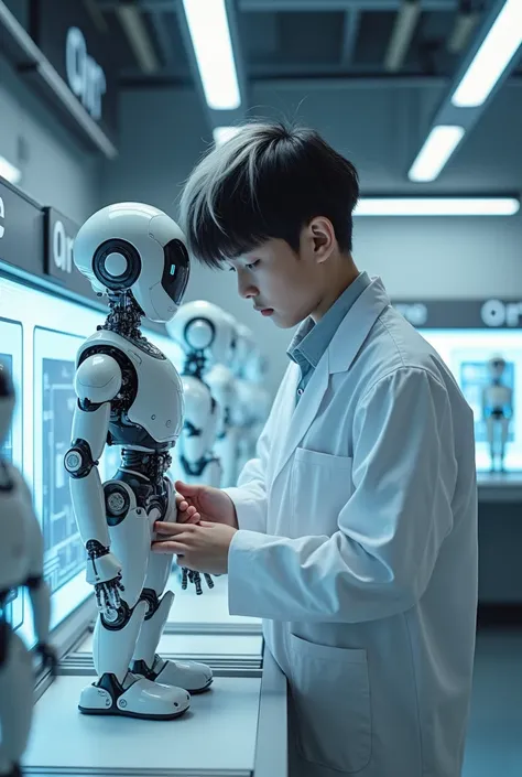 photography realistis, super hd, high quality, Details, clear, sharp aim, featuring a super awesome  scientist child, Korean Boy with White Hair and Black Hair Wearing Professor Scientist Clothes in Laboratory Room, The child is assembling a robot , Futuri...