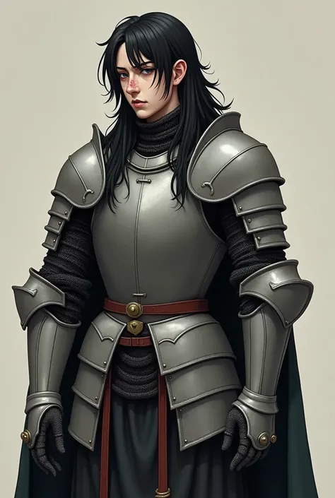 Medieval knight with armor and Alva helmet, black hair with emo sidebangs, long hair, thin mustache, acne, scar on face, roman nose, full body, 3/4 face, side profile, semi realism mescled with anime and cartoon art style, calm personality but irritable, t...