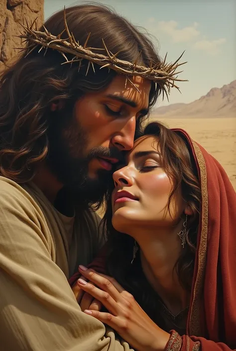 The face of Christ in the desert with a crown of thorns and the Virgin Mary on her knees before him crying