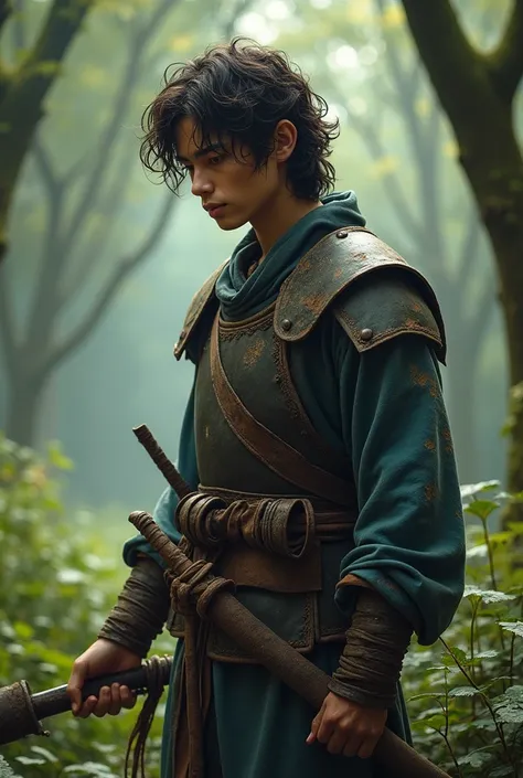  male, Asian beautiful, holding a rusty sword in a green clearing. Fair skin, looking down, skinny, dusty armor, blue shirt. Dark wavy hair 