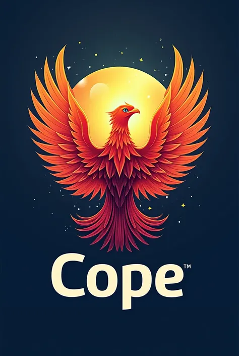 Create a logo art, vectorized, colors red, orange, yellow and blue, Phoenix brand symbol, Cope brand name