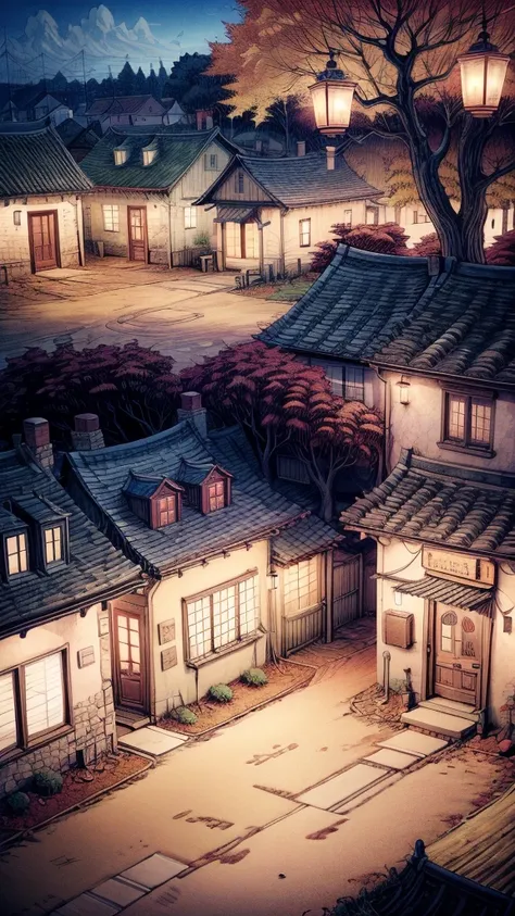 "An anime-style small village square in autumn, with fallen leaves swirling in the breeze, warm lanterns glowing, and quaint houses surrounding the square. The cozy atmosphere feels peaceful and nostalgic."