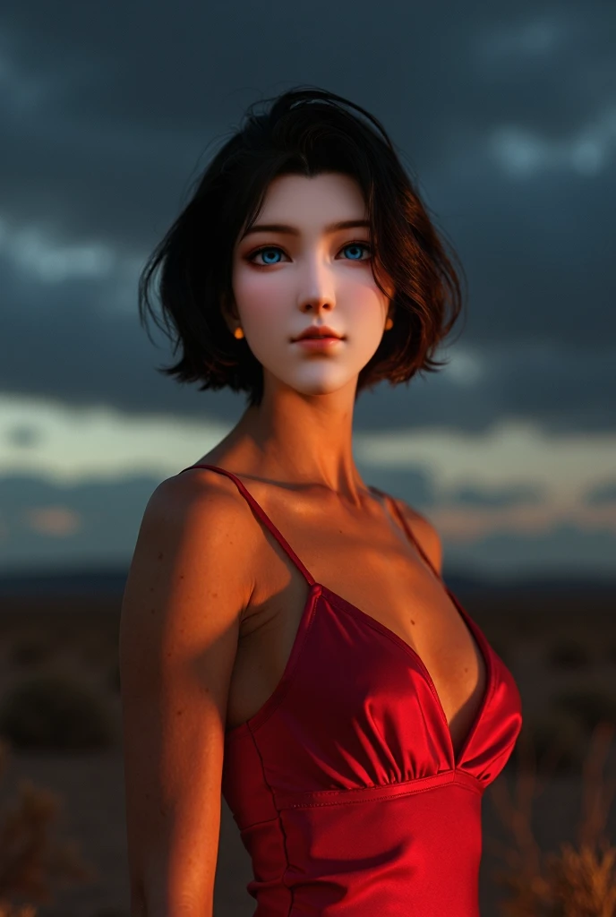 1girl, cowboy shot of beautiful ada, looking at viewer, red dress, black hair, blush, short hair, athletic night, volumetric lighting, best quality, masterpiece, intricate details, tonemapping, sharp focus, hyper detailed, trending on Artstation, ada, real...