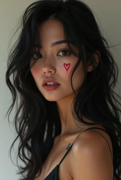 Beautiful black haired girl with a heart tattoo under her left eye