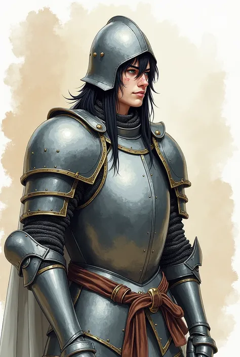 Medieval knight with armor and Alva helmet, helmet on his head, Alva helmet, black hair with emo sidebangs, long hair, thin mustache, acne, scar on face, roman nose, full body and side profile, semi realism mescled with anime and cartoon art style looking ...