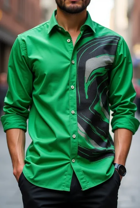 Green shirt with black and white design
