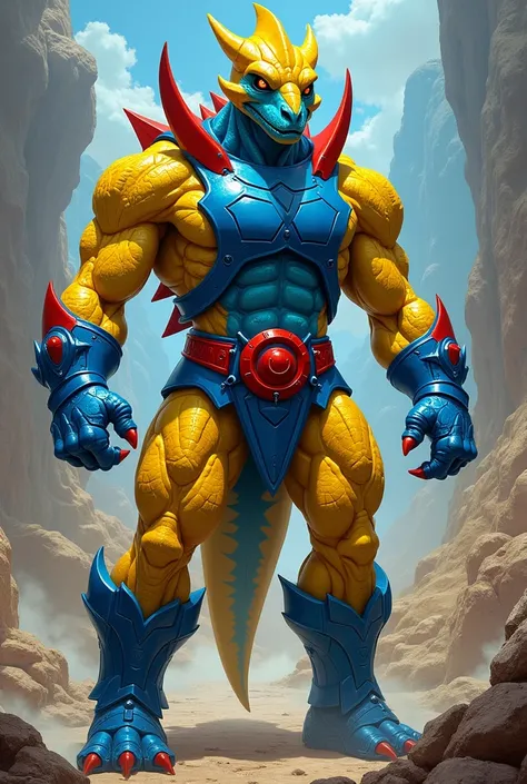 Sy-Klone from Masters of the Universe dressed as a dinosaur. Blue face with yellow helmet head. Blue chest armor. Yellow skin. Blue gloves and boots. Adorned with Red saturn rings.

