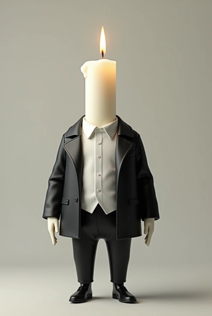 A white candle with a black tuxedo and white shirt