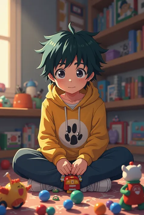 Cute teen anime boy, loves toys, wear cute hoodie, in a room with so many toys, toys around him, playing toys, masterpiece, hero academia 