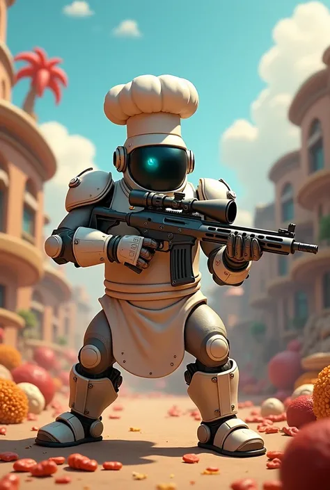 Create a Pure Sniper game scene set in the movie Cloudy with a Chance of Meatballs, In the center, a somewhat stocky Marvel-style sniper in a robotic chef suit from head to neck and energy indicators, rifle in hand