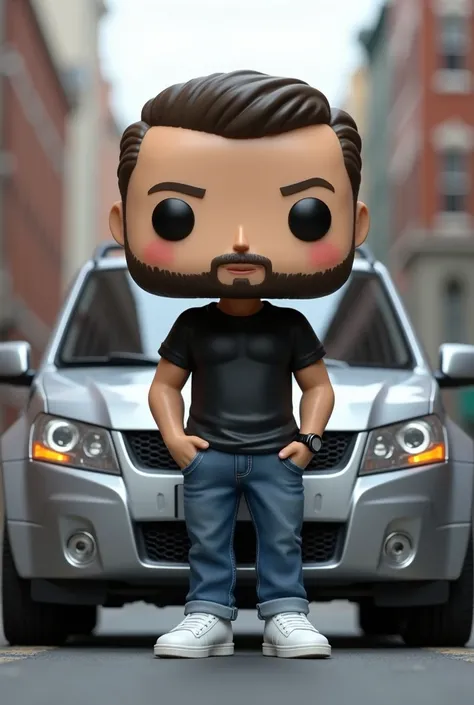 Create funko pop man , a little beard, Slim and muscular, a watch on the left hand, black t-shirt, blue jean pants,white tennis shoes, recharged in Suzuki grand vitara model 2012 silver color, with white rims, in the big city.