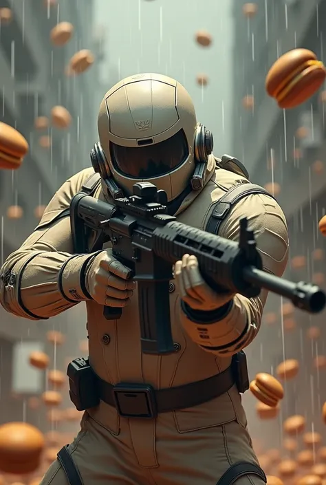 Create a scene from the pure Sniper game, In the center, a somewhat stocky Marvel-style sniper in a robotic chef suit from head to neck and energy indicators, rifle in hand, behind raining hamburgers