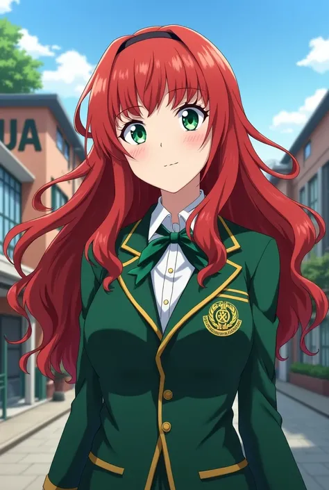 Screenshot of my hero academia beautiful girl, redhead and wavy long hair, green eyes with freckles, UA uniform, and UA class fund.