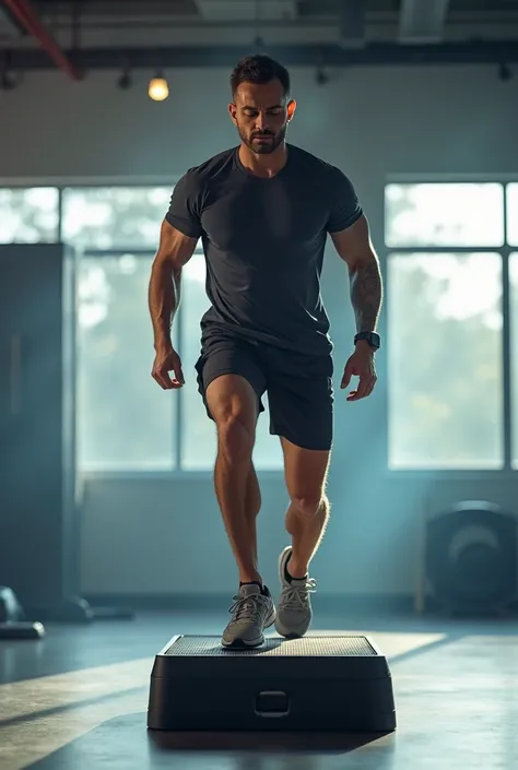 Man doing Step fitness from the front in sportswear with a large Step
