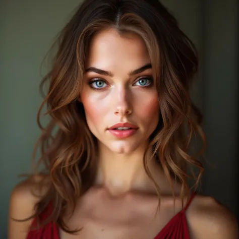 Arafed woman in full , sexy girl with green eyes, portrait sophie mudd, brown hair and large eyes, selfie of a young woman, bedroom eyes, violet myers, no makeup, natural makeup, looking straight at camera, face with artgram, fine makeup, Stunning full-len...