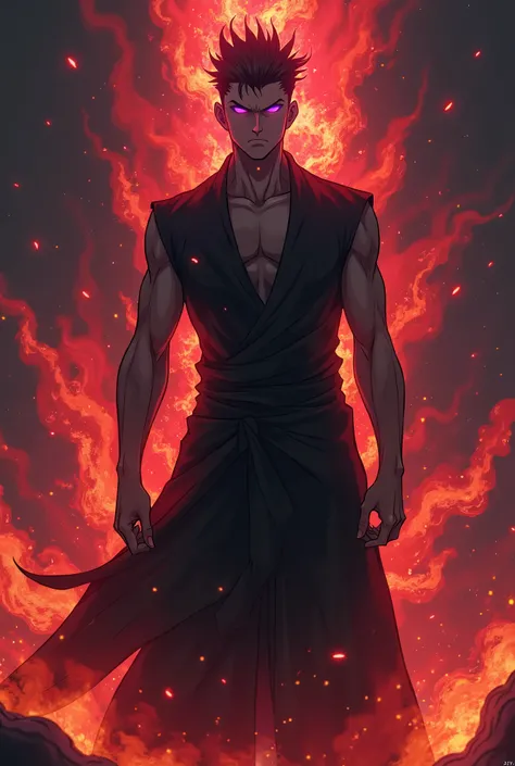 A picture with a person, who wears black clothes and is muscular, with purple beautiful eyes like gojo from jjk. In the background, hell flames tower over the picture and make him appear powerful. Should look like an anime character from Jujutsu Kaisen wit...