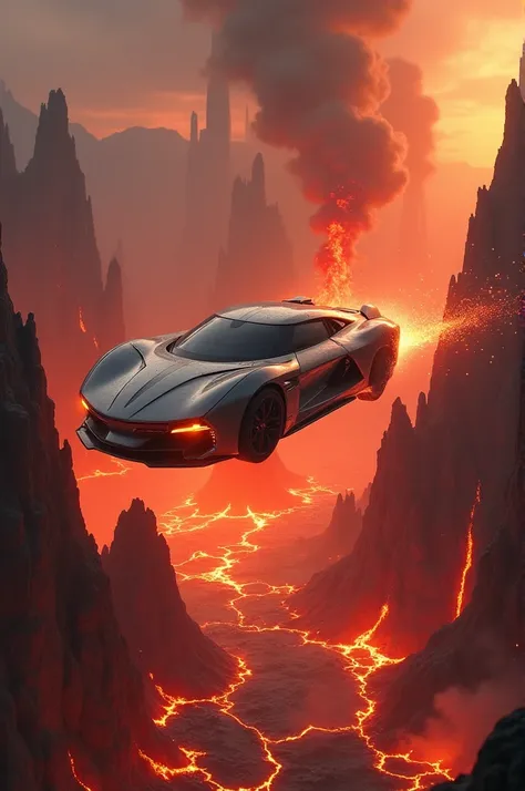 A car flying in lava