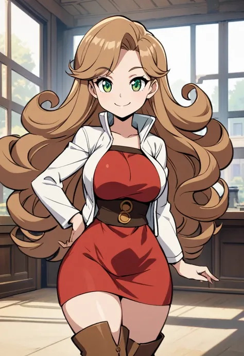 a cartoon girl in a red dress and brown boots posing, ligh brown hair, long curly hair, large breast, white jaket, smile, green eyes, 