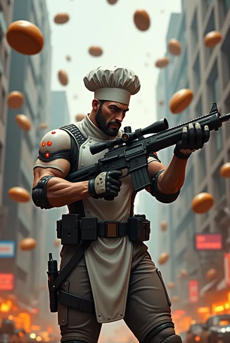 Create a scene from the pure Sniper game, In the middle of the street a burly sniper in a robotic chef&#39;s suit with quantum energy indicators like Marvel with a bare face and rifle in hand, behind raining hamburgers