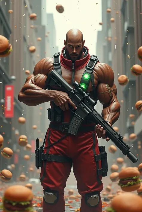 Create a scene from the pure Sniper game, In the middle of the street a burly sniper in a robotic chef&#39;s suit with quantum energy indicators like Marvel with a bare face and rifle in hand, behind raining hamburgers