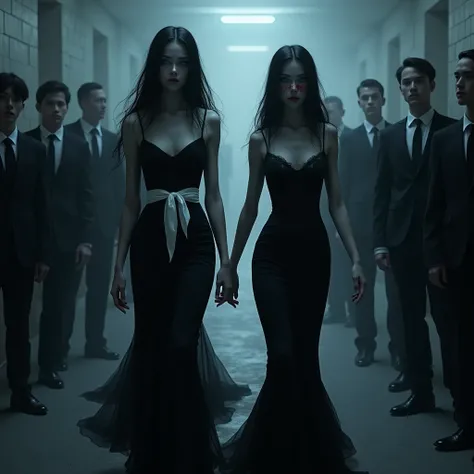 Create an image of a 2 female teenager with long black hair and blue eyes wearing a black mermaid dress with a white lwon at her side with blood on her nose walking through a room with people in suits watching her.