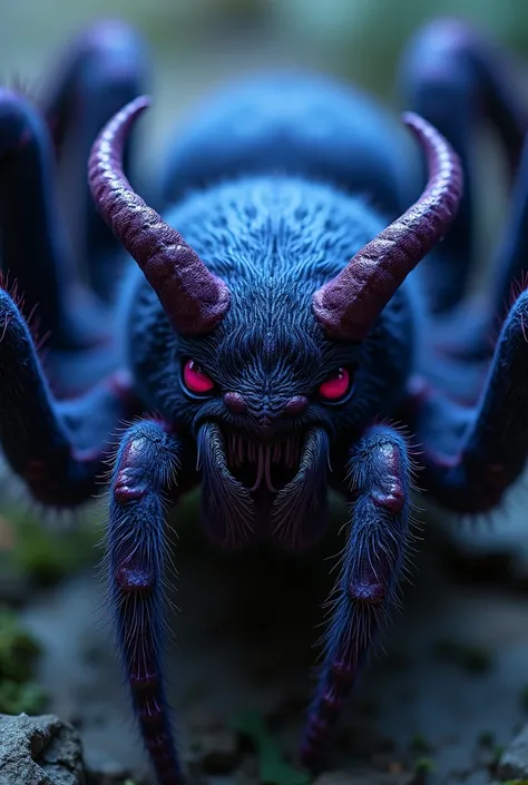 realistic spider, Looking straight ahead,showing only the head, blue with purple color ,good devil , with attack eyes, sharp fangs , gothic,hairy tarantula, poisonous, Sharp teeth that bite hard