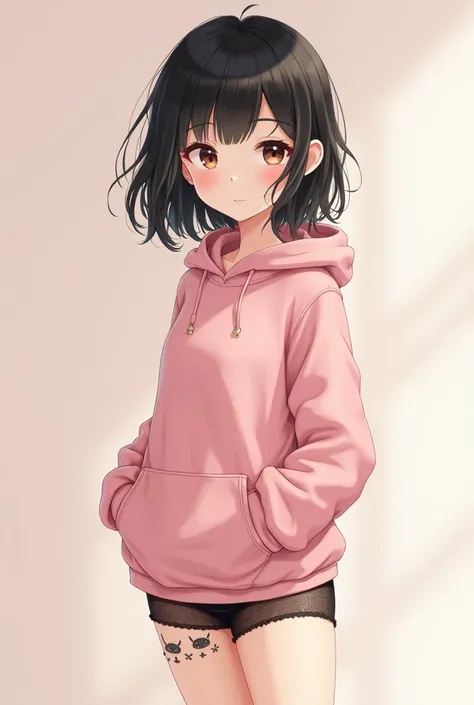 Cute little femboy, feminine boy, with pale skin, with big brown eyes, medium sized black hair, small in stature, in a pink hoodie and black panties, thin waist, Wide hips, and on her legs are pink and black stockings with cats. 