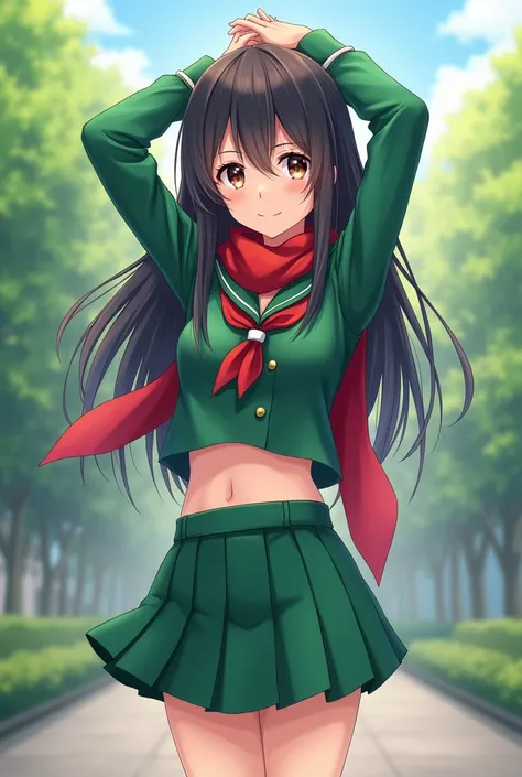 1girl, solo, outdoors, long hair, brown eyes, school uniform,(Masterpiece: 1.6, Best Quality), (Fine Beautiful Eyes: 1.2), (best quality, masterpiece, higher), green school uniform, soft thighs , long sleeves, white socks, scenery , Best Quality, ((anime))...