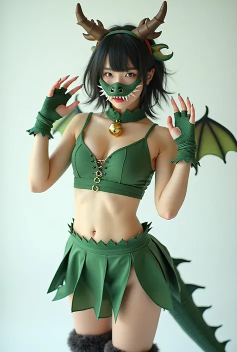 a young japanese cosplayer girl with big breasts, wearing a green dragon sexy Chinese dress (croptop,sparkle)cosplay, knee-high socks with fur, dragon muzzle on her mouth(with fang.nose hole) , mini skirt with dragon tail,fake dragon ear & horn headband, m...