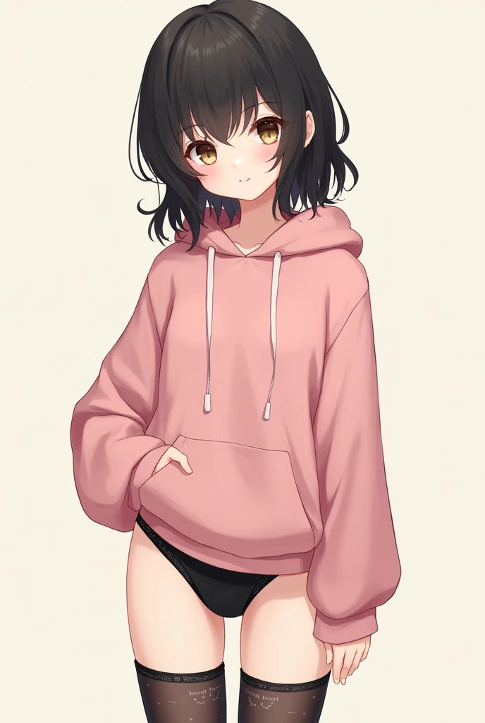 Cute little femboy, feminine boy, with pale skin, with big brown eyes, medium sized black hair, small in stature, in a pink hoodie and black panties, thin waist, Wide hips, and on her legs are pink and black stockings with cats. 