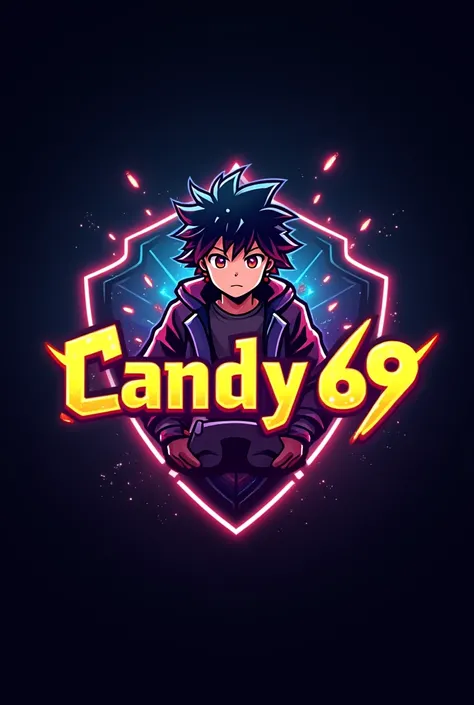 This is a gaming logo that features the name "Candy 69" in a futuristic font and a neon Golden color. and Boy Anime avtar, The logo also has a stylized controller icon . The logo is