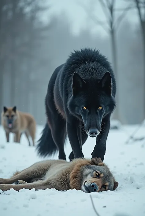 Black Wolf vs. Domestic Dog (Large Breed)
Image Idea: A Black Wolf chasing a Domestic Dog (Large Breed) lying on the ground dying ,with the wolfs powerful build contrasting against the large breed agility, set in a snowy landscape.and wolf celebration and ...