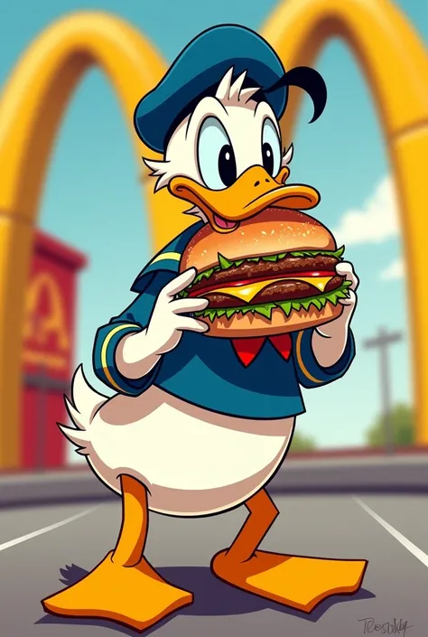 Donald Duck eating a McDonald&#39;s hamburger