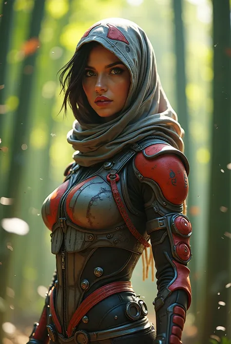 Bamboo forest background, Determination look in hijab, colorful bright octane render, cybernetic and highly detailed, Loba Andrade in hijab from apex legends, Vintage portrait, Martial arts fantasy style Octane render 
8k hijab, rendered in high octane