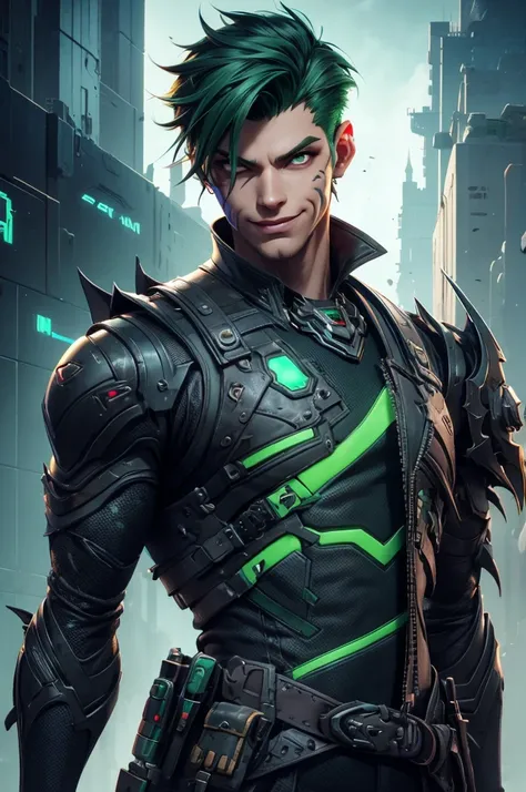 Villain, sci fi male in short buzz cut hairstyle, evil smile, a rat-faced, thin man with lots of scars and cybernetic prosthetics arm, Xtreme, open torn leather vest, dirt on his clothes and face, black outfit, in sewers, dramatic lighting, realistic color...