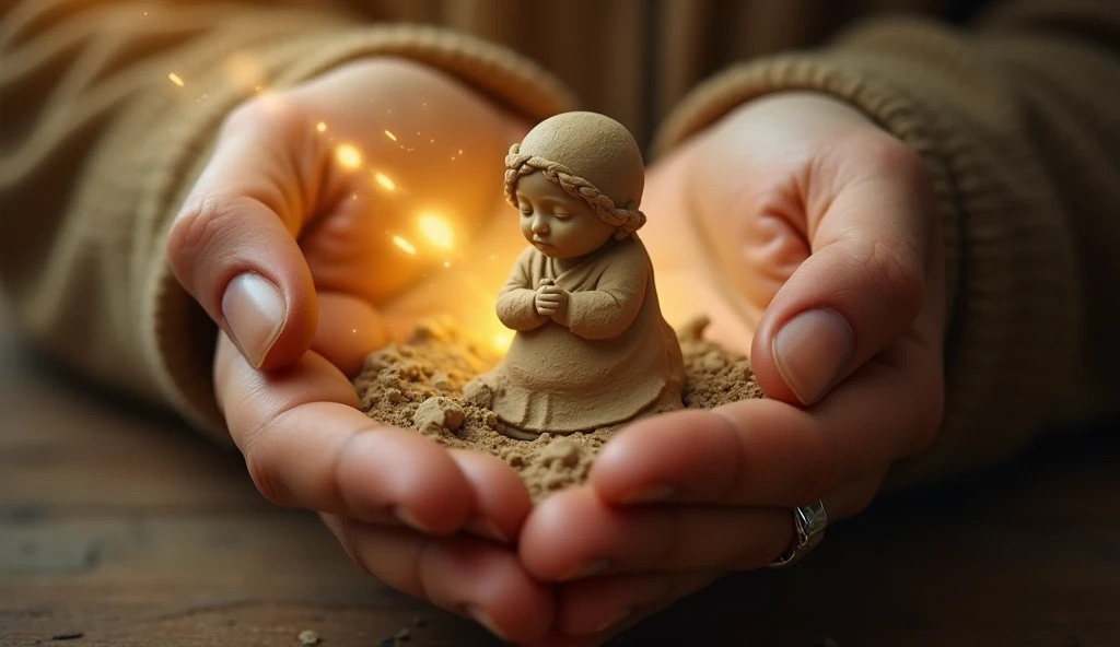 "An artistic image of human hands shaping a clay figure, symbolizing the act of creation, with careful fingers molding the details of the soft clay. Next to these hands, a luminous and celestial representation appears: an ethereal presence, almost invisibl...