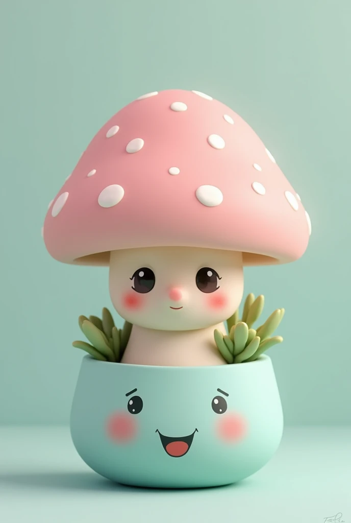 Pastel pink mushroom in a cute pot: This mushroom has a soft pink cap with white polka dots and a blushing face with large, innocent eyes and a tiny round nose. The stem is short and slightly chubby, and the pot is light blue with a smiling face, making it...