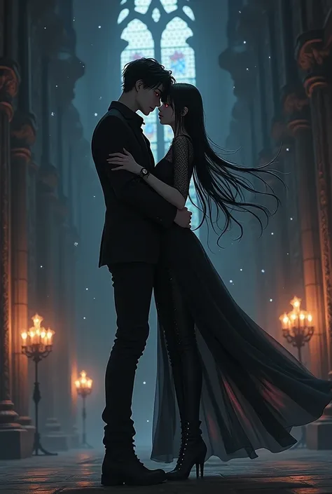 anime goth girl kissing her goth boyfriend. she is wearing leggings and thick-soled boots in a mesh blouse black hair red eyes accessories crosses skulls they are in a castle