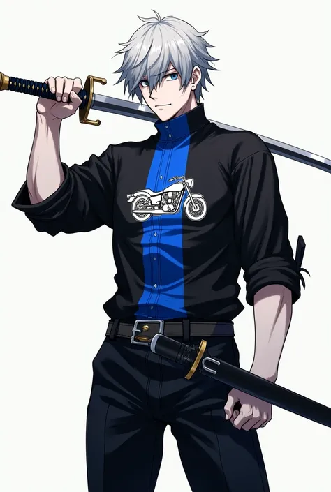 a man,black blouse,a blue stripe in the middle of the blouse,motorcycle drawing in the middle of the blouse, black pants, white skin color, with a sword in his hands, anime art style