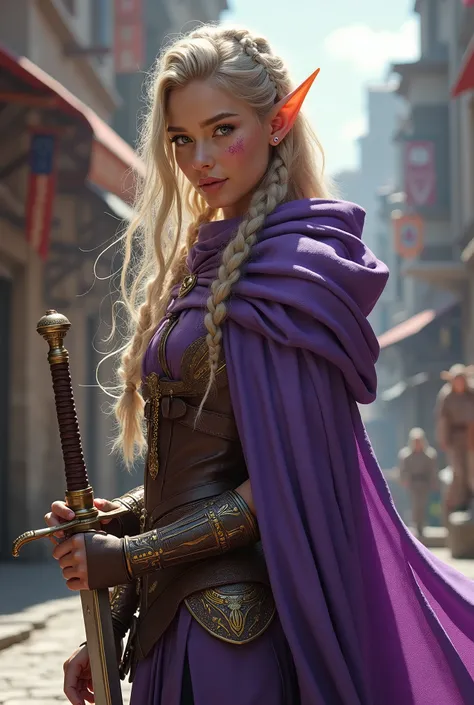 a picture of a female elf (intense details, Masterpiece, best quality: 1.5) fantasy swashbuckler, fantasy fencer, armed with a slim sword, shinning sword, radiant magical sigils on the sword, metallic shine, colorful clothes, an ultra wide shot, full body ...