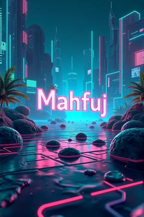 Create a wallpaper with my name mahfuj. In game developer theme