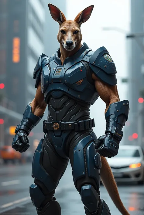 Humanoid kangaroo boxer from the future wearing armor police outfit 