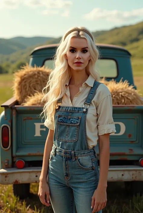 Young beautiful woman with platinum blonde long hair hairband in farmer&#39;s clothes Ford f100 with straw bales on the loading area 