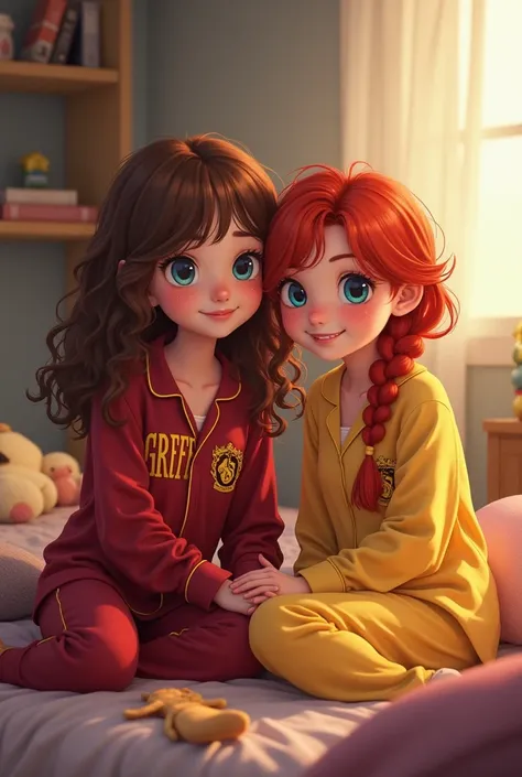 Two teen girls, one with Gryffindor pyjamas with light brown curly hair and blue eyes and a girl with red hair gathered in a braid with yellow pyjamas