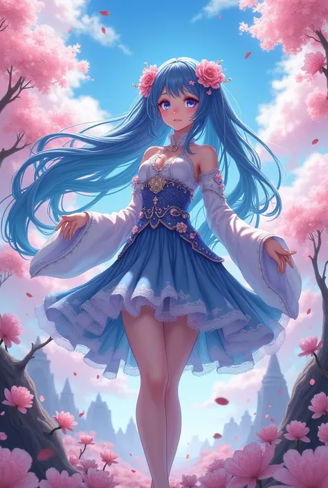 Uraume, captivating character design, enigmatic smile enhancing vibrant personality, flowing long hair cascading in shades of deep indigo and luminous cerulean, adorned with delicate floral hairpins radiating soft pastel colors, intricately detailed outfit...