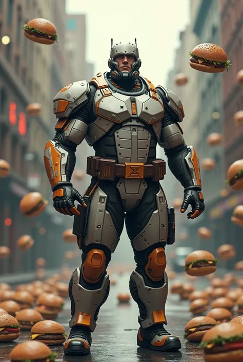 Create a scene from the pure Sniper game, A burly sniper in a Captain America-style robotic chef suit with energy indicators, face without anything, rifle in hand, moved to the center of the street., behind raining hamburgers