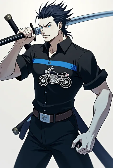 a man,black blouse,a blue stripe in the middle of the blouse,motorcycle drawing in the middle of the blouse, black pants, white skin color, black hair color, hair slicked back, with a sword in his hands, anime art style