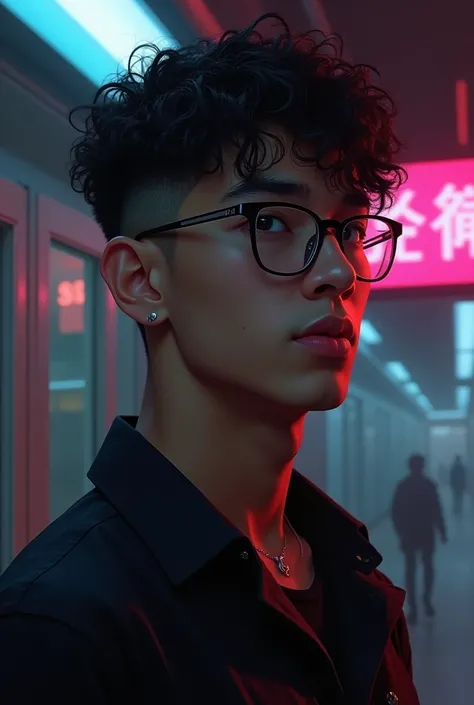 20 year old young man, latino, dark brown, NOT BLACK, delgado, black dress, glasses, short hair on the sides, SPLASHED NOSE, slightly curly hair on top, long face, Chin and jaw slightly rounded, cyberpunk art by Yuumei