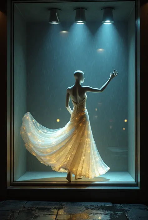 Un mannequin féminin humanisé dans une vitrine, dansant gracieusement. Elle porte une robe élégante, illuminée par une lumière féerique. Latmosphère est douce et paisible. À lextérieur, il pleut intensément, créant une nuit noire. Le sol humide reflète le ...