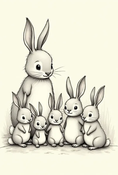 Rabbit family with seven members, sketch, old style